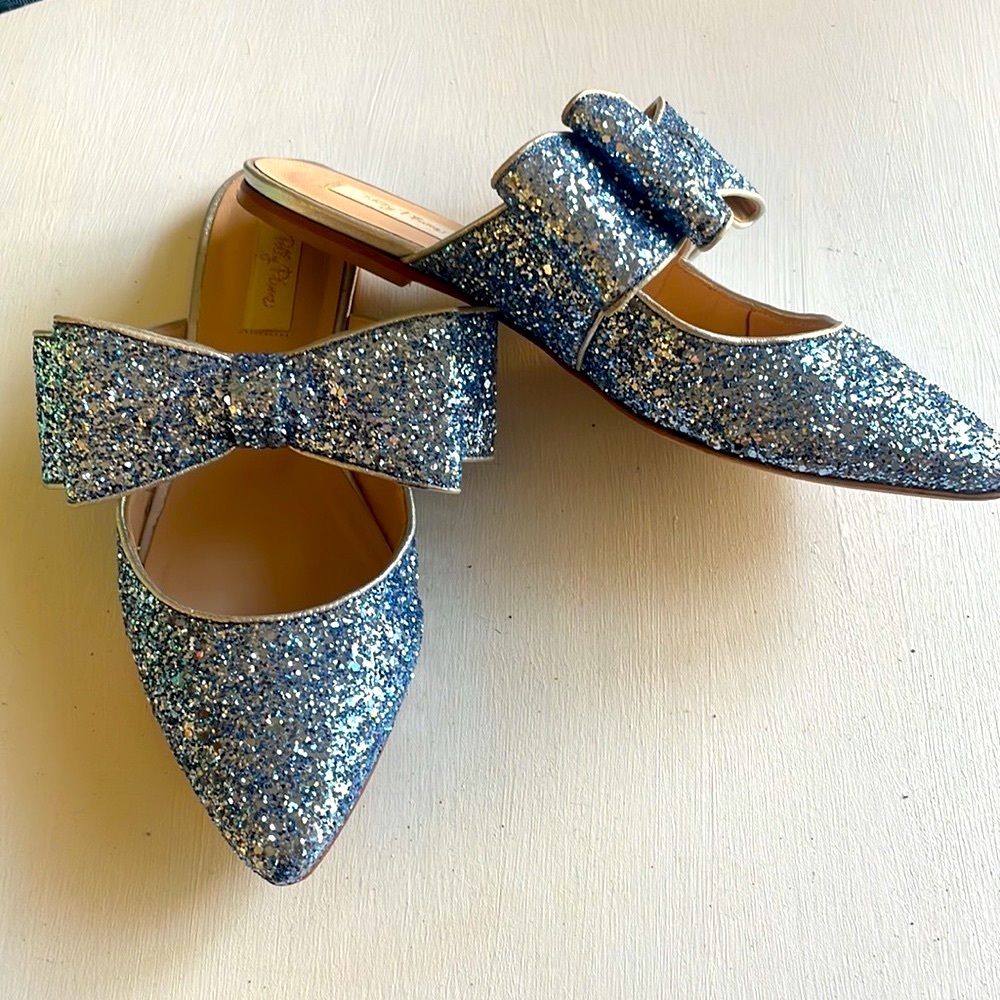 Polly Plume blue bow sparkle mules